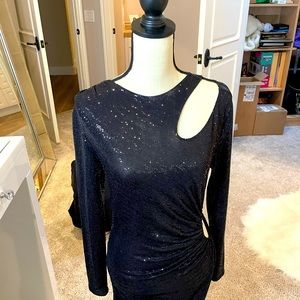 Black sequins full length Maje dress. Sz 40. Stretch fabric. Cut outs and slit.
